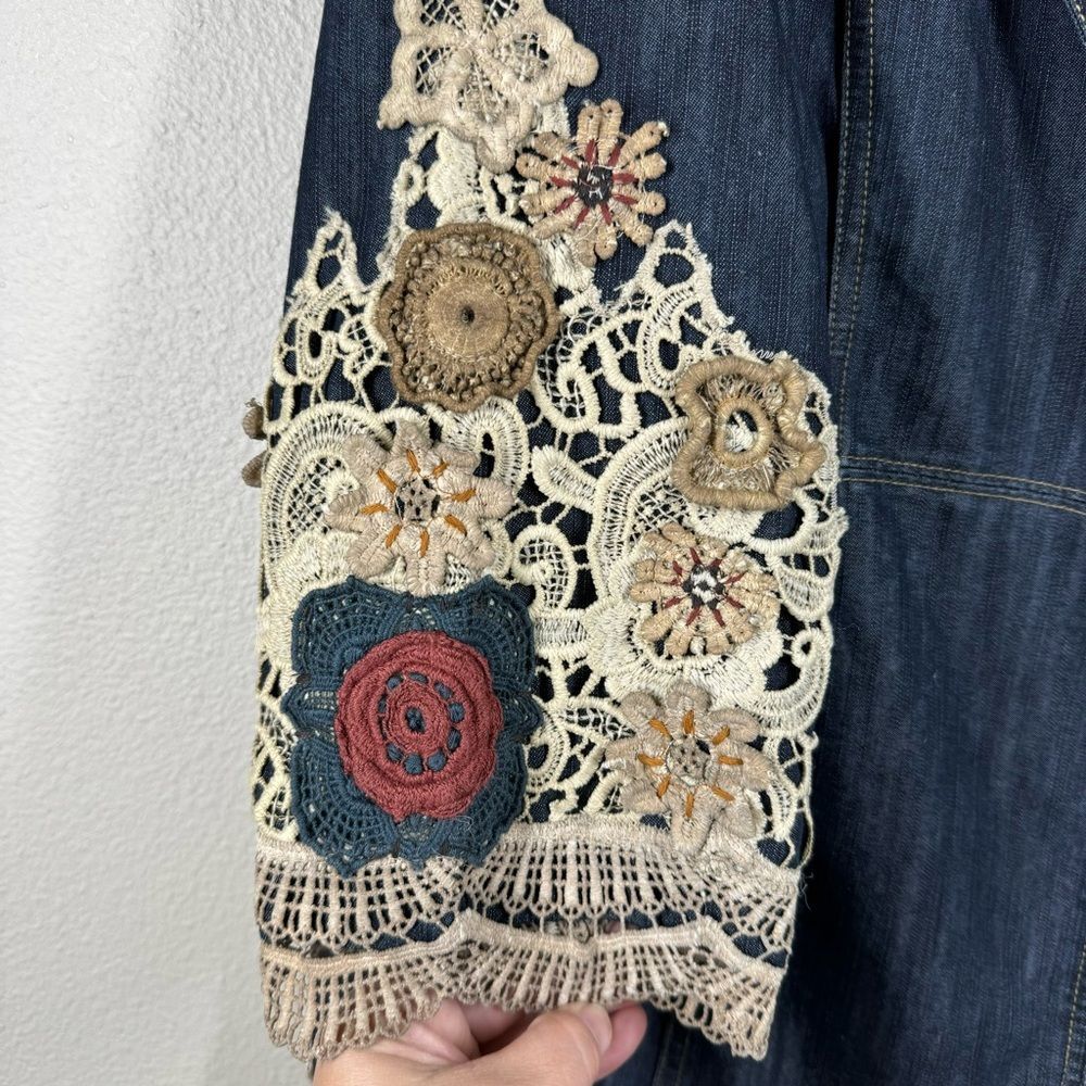 Chicos Denim Lace Doilie Long Blazer Jacket Boho Embellishment Size 3 Or XL - Picture 5 of 12